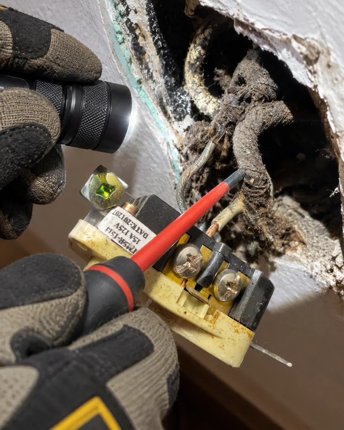 Electrician inspecting wiring in an older Ancaster home