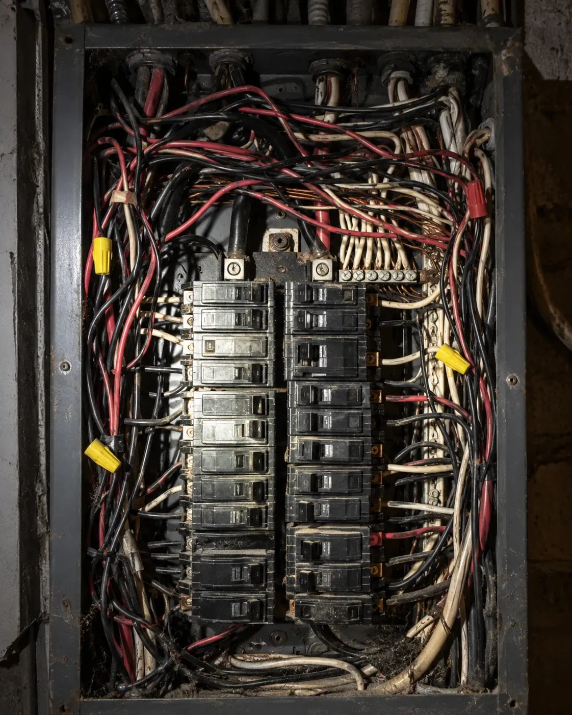 Residential electrical panel with older wiring and previous alterations